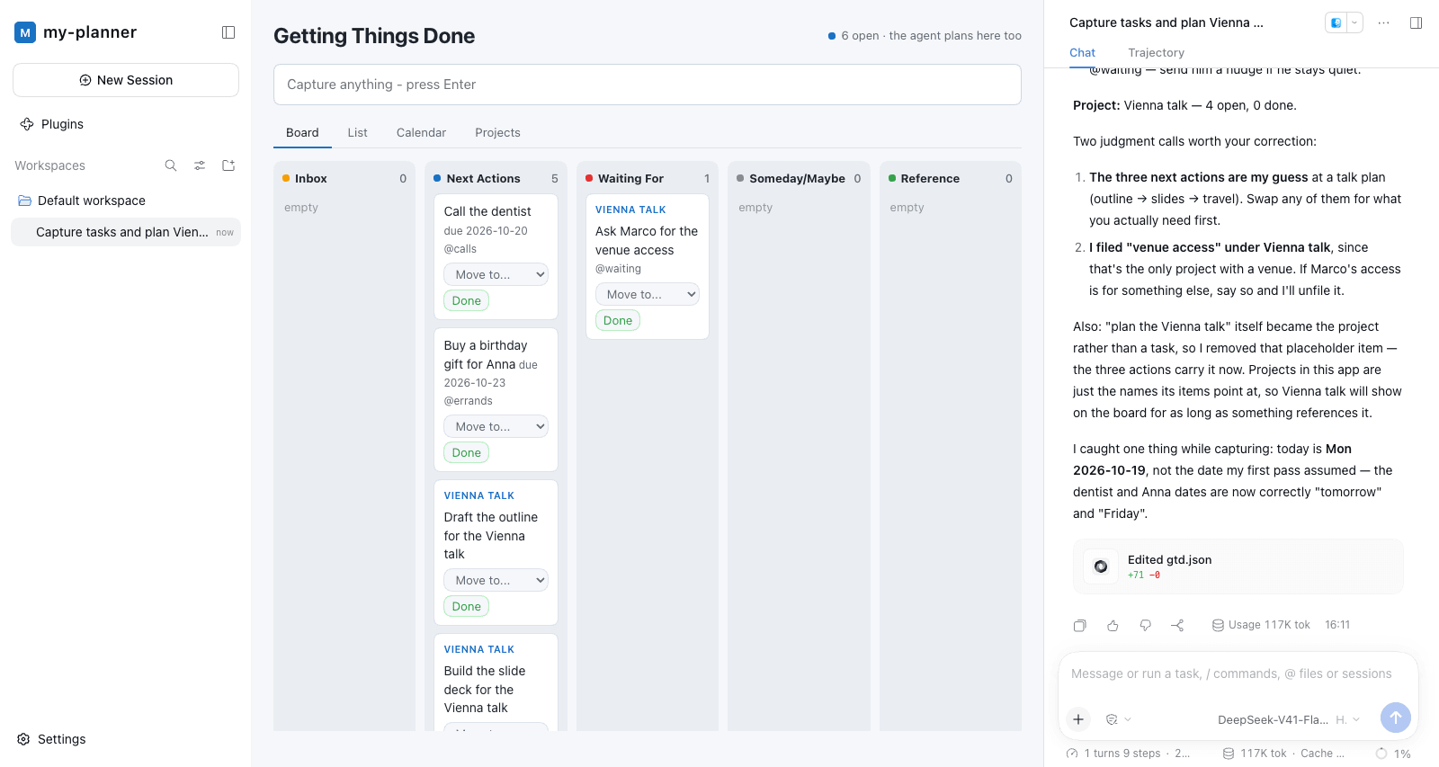 The GTD app: the board is the window, the agent beside it has filed six items into Next Actions and Waiting For