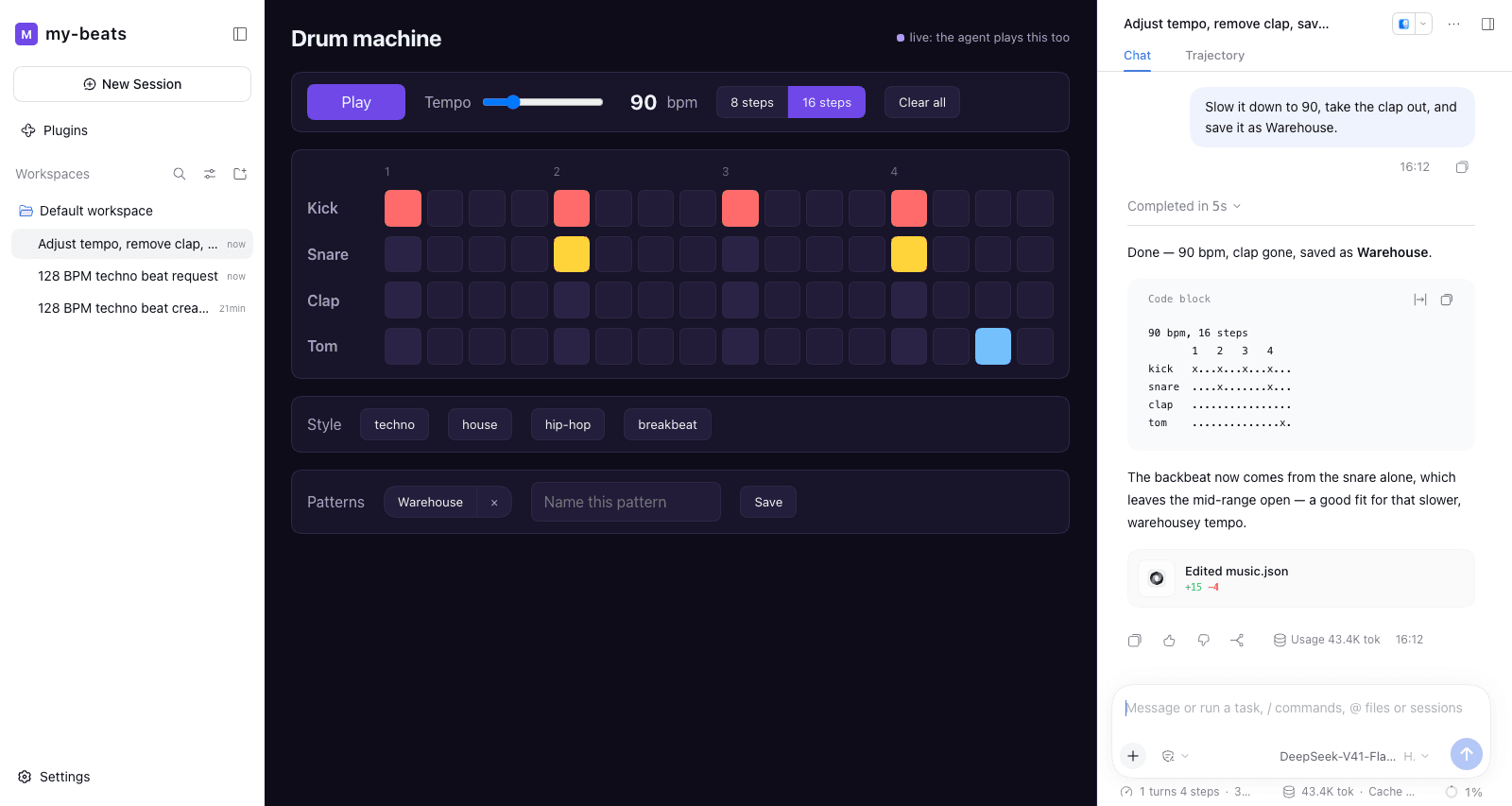 The Music app: the step sequencer fills the window, the agent beside it slowed the beat to 90 bpm, removed the clap and saved the pattern as Warehouse