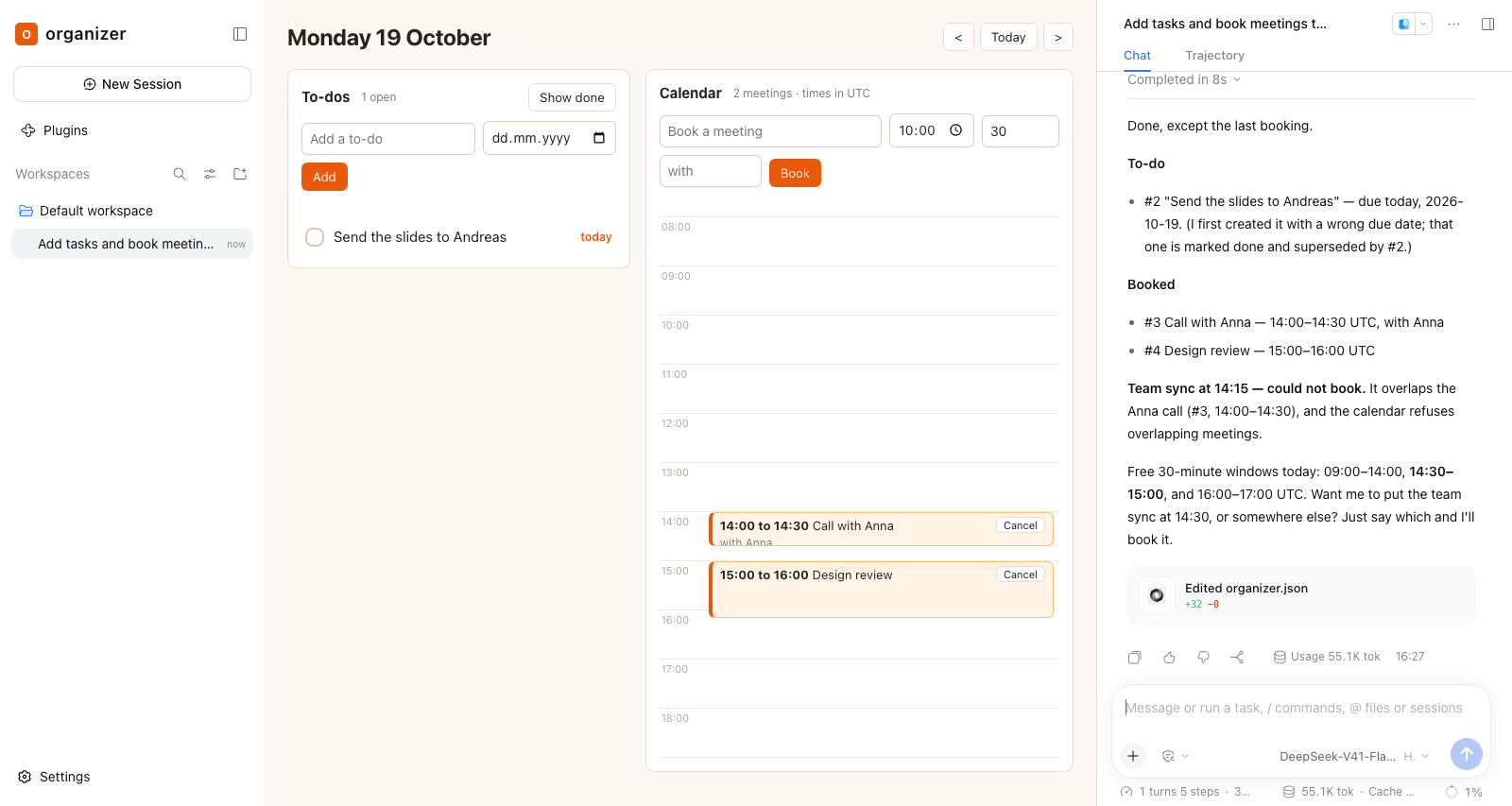 Organizer: the agent refuses an overlapping meeting