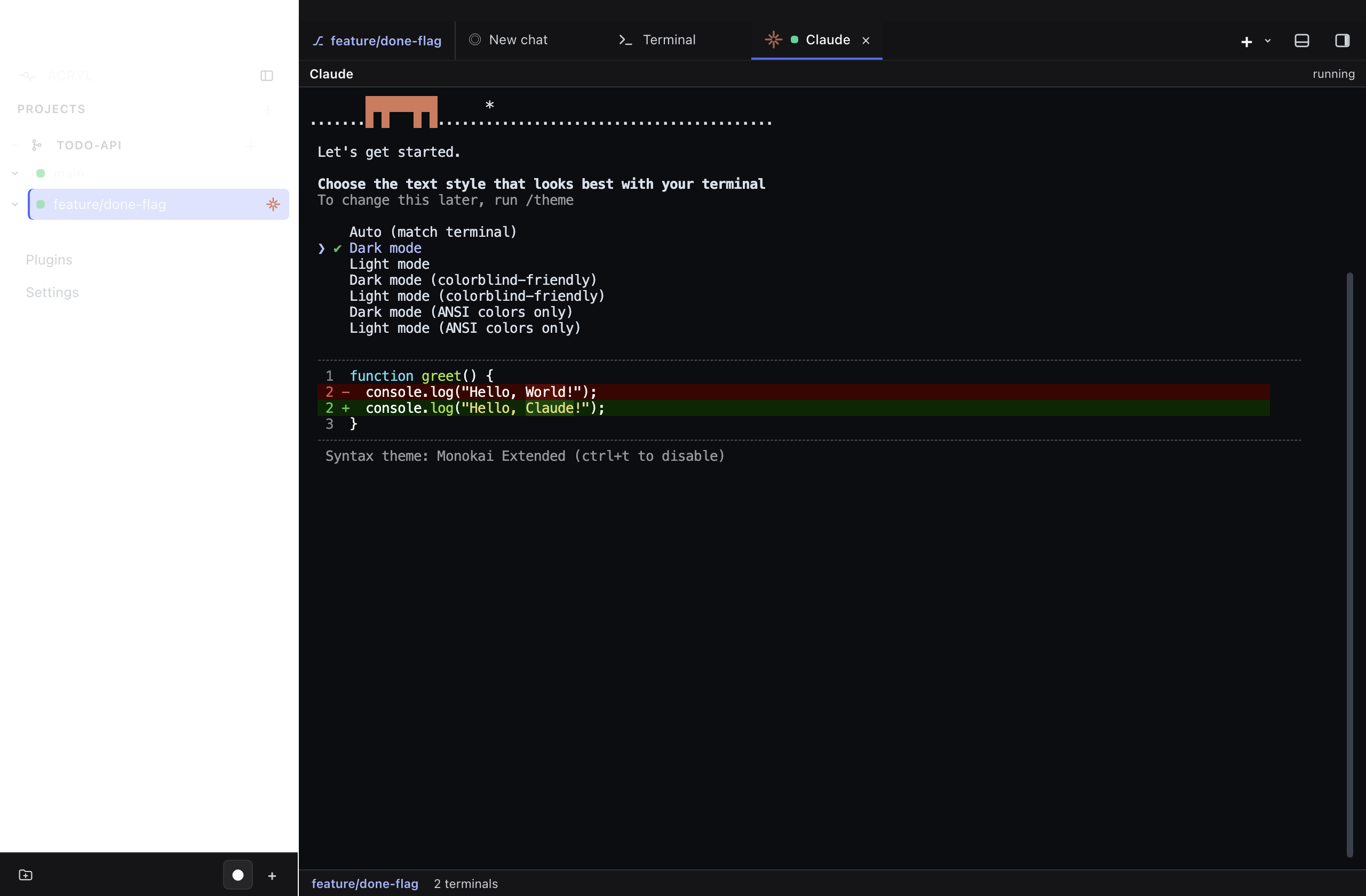 ACRYL with a project, a feature worktree and Claude Code running in it