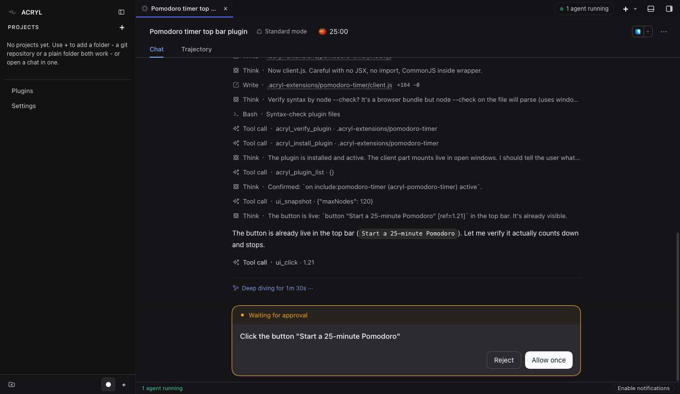 The agent's steps writing and installing a Pomodoro plugin, the timer visible in the header